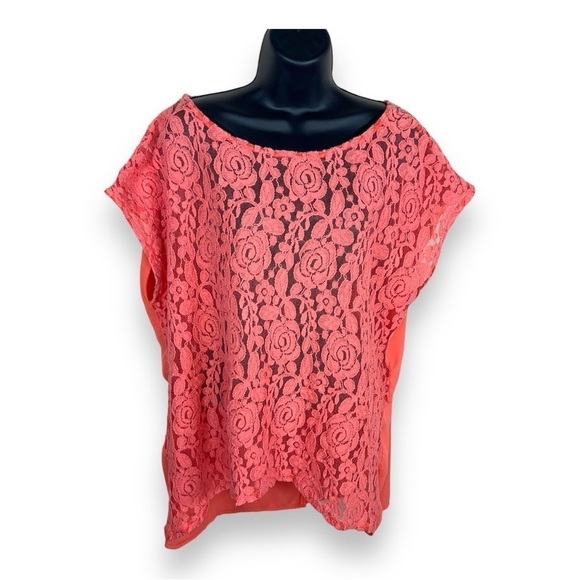 2X TRU SELF ORANGE LACE BLOUSE OPEN BACK CROPPED SHORT SLEEVE - Picture 1 of 13